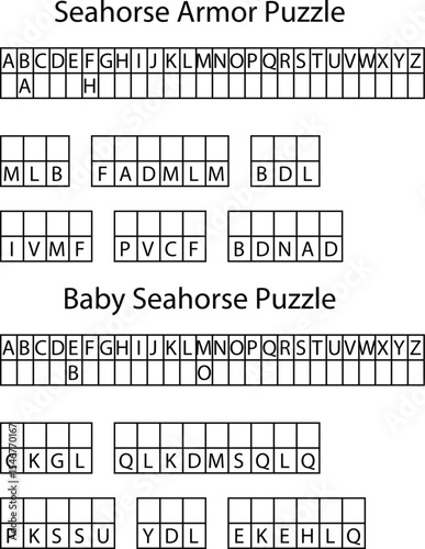 Seahorse Armor Puzzleand Baby Seahorse Puzzle Alphabetical Grids vector