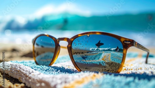 close-up of vintage sunglasses lying on a towel, reflecting a distant surfer riding a wave, shallow depth of field