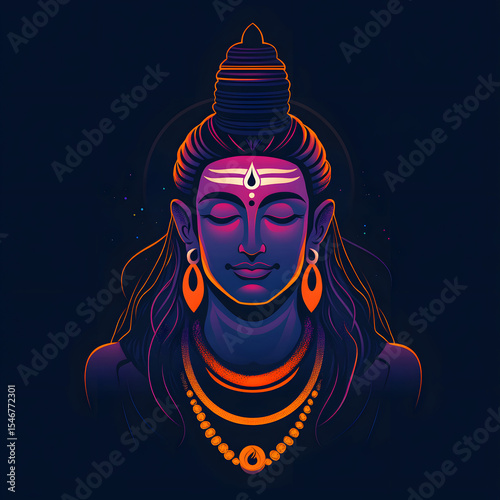 Digital illustration of lord shiva a vibrant portrait featuring colorful gradients and a serene depiction of the hindu deity against a dark background