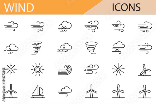 minimalistic wind-related icons including wind, clouds, rain, tornado, sun, sailboat, wind turbines, rainbow, and wind direction in line art style.