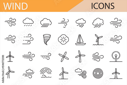 Illustrated wind and weather symbols, including tornado, breeze, and renewable energy icons.