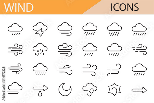 A collection of simplistic vector icons showcasing wind, weather phenomena, and energy.