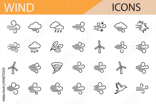 Minimal line art illustrations of wind, clouds, turbines, and weather-related elements.