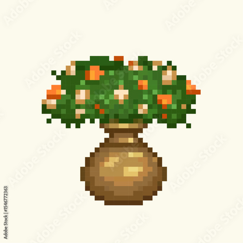 Clay vase with flowers. Pixel art style. 
Vector image of a vase isolated on a light background, Flowers in vases, compositi