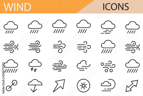 Collection of weather-related icons: wind, clouds, tornado, and more in minimalist design.