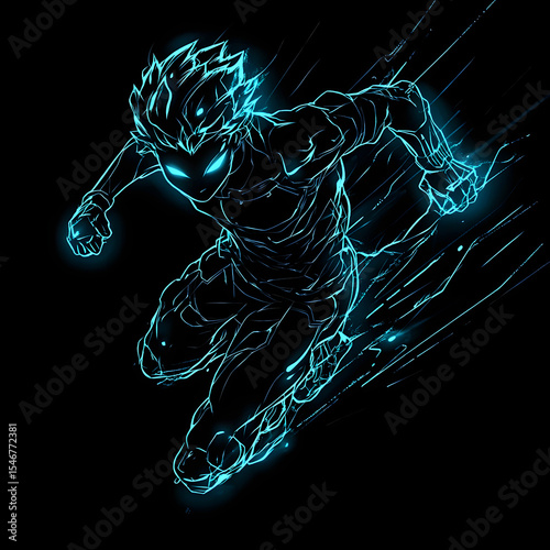 Dynamic neon superhero silhouette running with energy burst illustration on a black background illustrating speed power and action