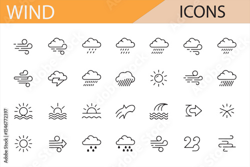 Set of 28 unique wind and weather-related vector icons in clean line art style