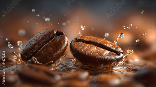 Freshly roasted coffee beans with water droplets creating a refreshing splash in macro photography capturing the essence of caffeine