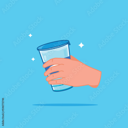 plastic glass water bottle held in hand, healthy blue drinking water packed in single drink capacity