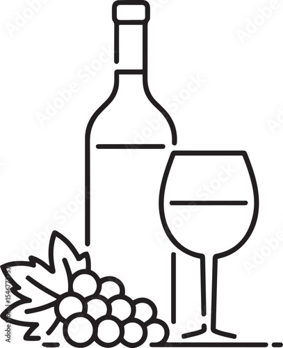 Wine bottle, glass, and grapes, A simple line art illustration.