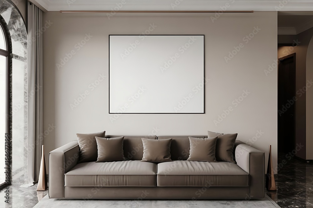 Fototapeta premium Modern beige living room with large blank canvas and sofa