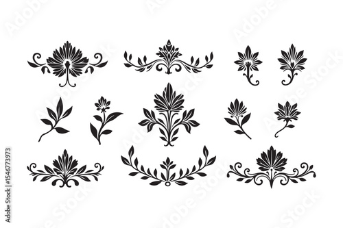 Floral Ornament Silhouette Vector Set Decorative Vintage Flower Clipart Elements