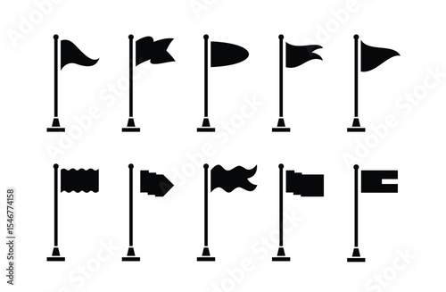Collection of flag and pennant icons with poles for start, end, banner, location, pin destination map pictograms. part 1
