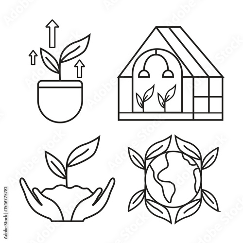 Sustainable Growth Greenhouse Gardening, Eco-Friendly Planting, and Global Environmental Conservation Icons
