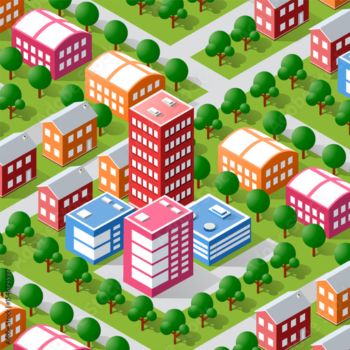 Colorful isometric cityscape with buildings and trees