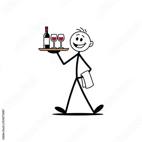 Stick Figure Waiter with Wine: A cheerful stick figure waiter strides purposefully, bearing a tray laden with a bottle of wine and two wine glasses.