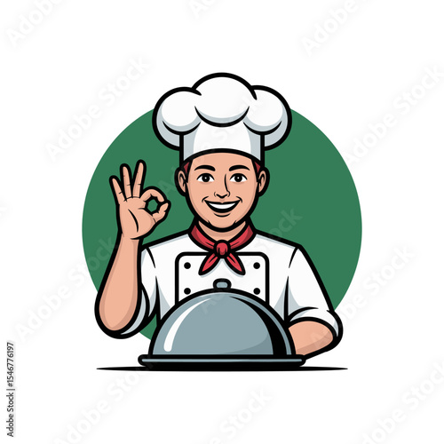 Culinary Approval: A smiling chef gives the "okay" gesture with a silver platter. Perfectly capturing the essence of culinary excellence and the pride of a satisfied culinary artist.