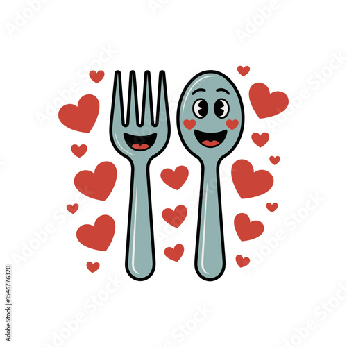 Cute cutlery: A whimsical illustration of a fork and spoon, adorned with playful faces and surrounded by a scattering of hearts, celebrates the joy of mealtime. 