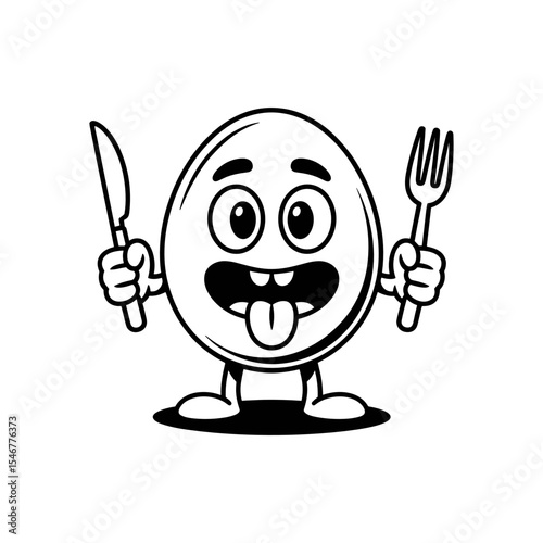 Egg ready to eat: A playful illustration of an egg personified, holding a knife and fork. Ready to eat, tongue out, inviting, fun and simple illustration