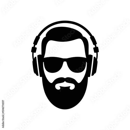 Cool Bearded Guy Listening to Music: Minimalist monochrome illustration of a stylish man with beard, sunglasses, and headphones, embodies modern cool and vibrant musical atmosphere.