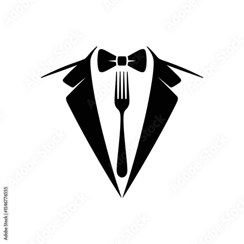 Elegant Culinary: A sophisticated depiction of a tuxedo, complete with a bowtie, centered around a fork, inviting viewers into a world of exquisite dining.
