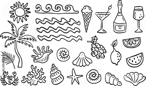 Hand drawn icon set of summer, beach, sea, sun, waves, palm, tree, seashells, cocktail, ice cream. Pixel perfect icons, editable stroke.