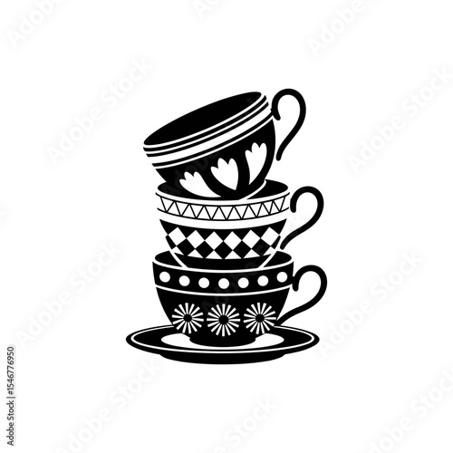 Stack of Decorative Cups: A beautifully detailed illustration shows a stack of intricately designed teacups, each boasting unique patterns and a classic saucer. The monochromatic image.