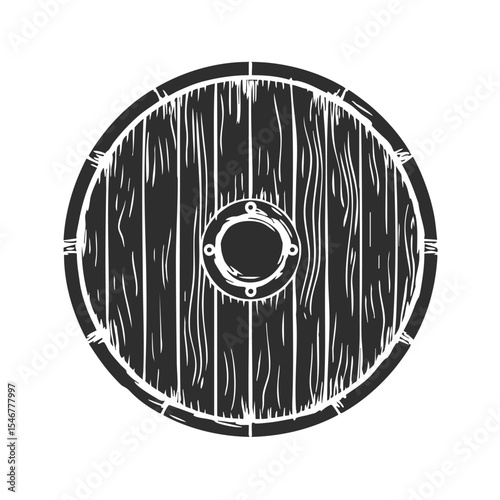 Viking Wooden Shield Silhouette Illustration. Historical Warfare And Defense Symbol Isolated Vector Illustration