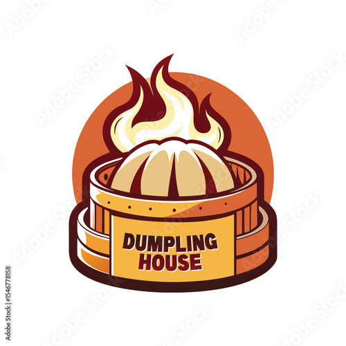 Elegant dumpling house logo featuring steaming basket illustration, traditional Asian food symbol, perfect for restaurant branding, culinary business, food delivery, and authentic cuisine identity.