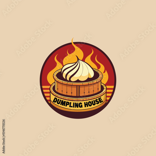 Elegant dumpling house logo featuring steaming basket illustration, traditional Asian food symbol, perfect for restaurant branding, culinary business, food delivery, and authentic cuisine identity.