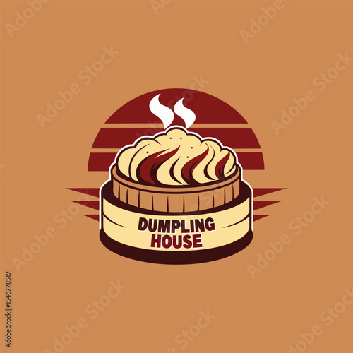 Elegant dumpling house logo featuring steaming basket illustration, traditional Asian food symbol, perfect for restaurant branding, culinary business, food delivery, and authentic cuisine identity.