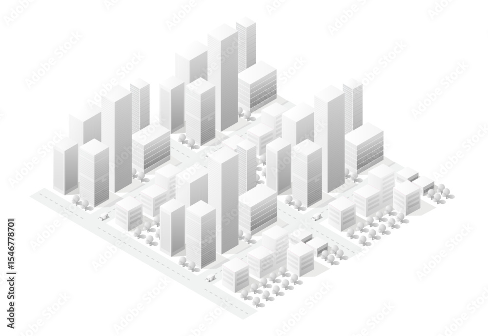 Naklejka premium Modern city center with skyscrapers, streets and trees forming