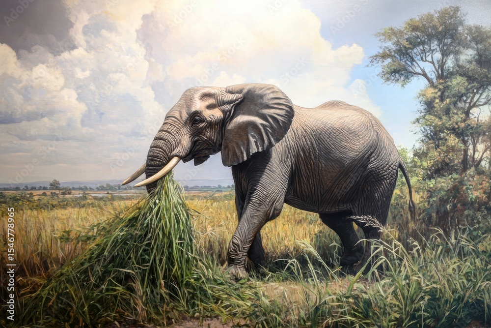 Fototapeta premium Elephant foraging for grass in a lush landscape during daylight hours, Elephant walking and eating grass