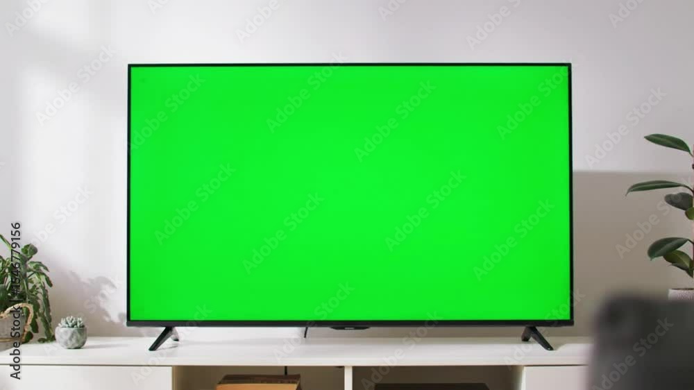 Television with green screen on a white tv stand indoors