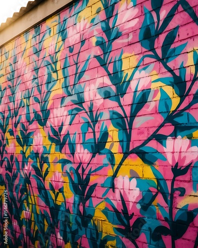 An urban art mural of vivid flowers in neon and pastel colors, painted across a rough brick wall. The graffiti showcases a mix of street style and botanical beauty with bold outlines and vibrant hues.