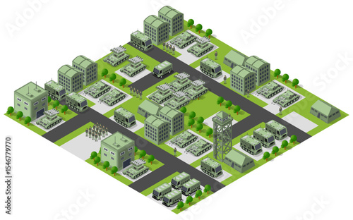 Military base with tanks, missile launchers, and buildings managing