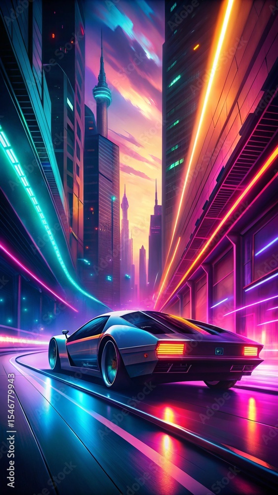 Fototapeta premium Retro futuristic car speeding through a vibrant city at night, neon lights glowing