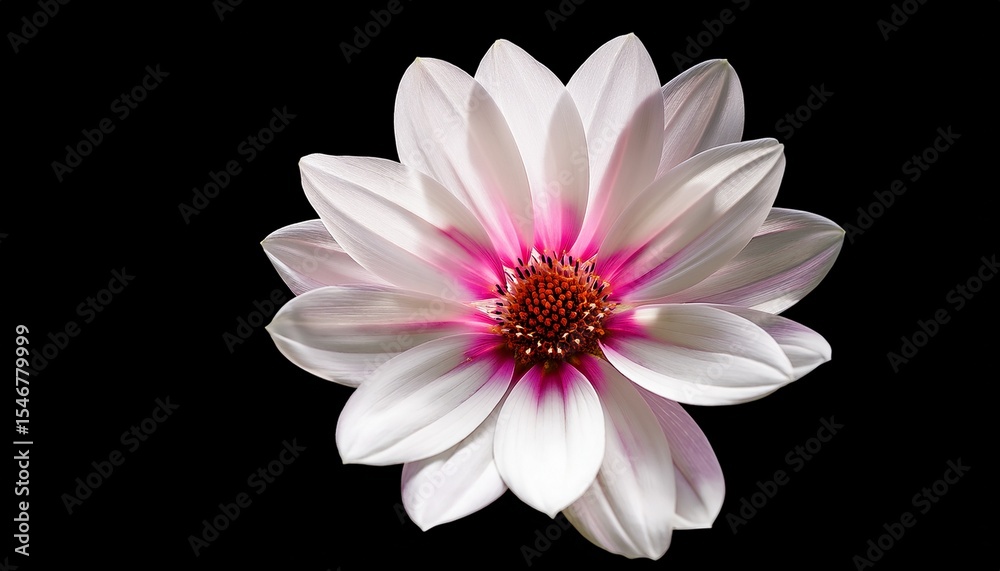 Fototapeta premium close up image of a white flower with pink centre isolated on black background