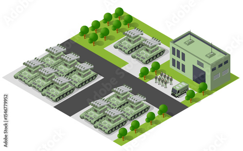 Military base with tanks, missile launchers, and buildings managing