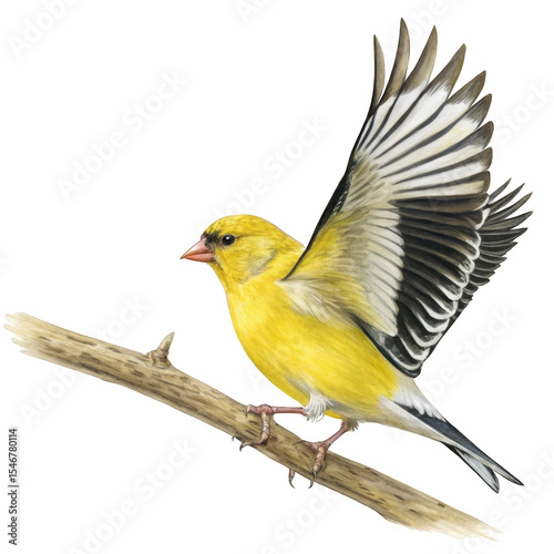 American goldfinch bird on branch with wings spread