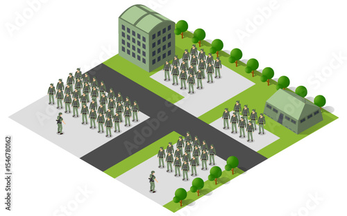 Military base with tanks, missile launchers, and buildings managing