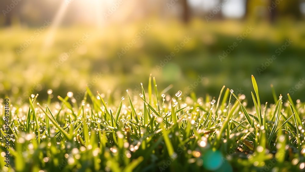 Naklejka premium Sunny field with dewy grass