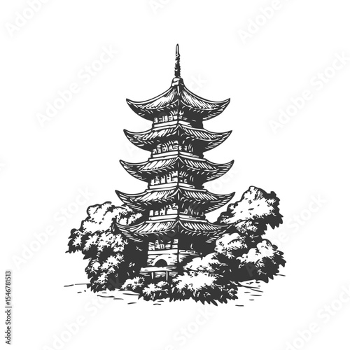 Pagoda And Trees Black And White Silhouette Illustration. Traditional Asian Architecture And Nature Harmony. Isolated Vector Illustration