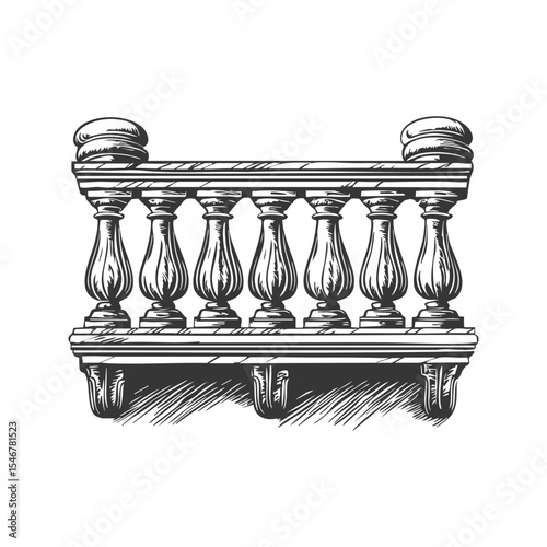 Ornate Balustrade Design Black And White Silhouette Illustration. Architectural Elegance And Classic Style. Isolated Vector Illustration