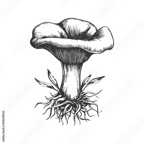 Mushroom With Roots Black And White Silhouette Illustration. Nature'S Growth And Fungi Connection Isolated Vector Illustration