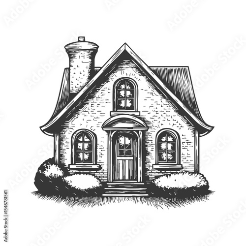 Charming Cottage With Chimney And Arched Windows Black And White Silhouette Illustration. Cozy Home Design And Architecture. Isolated Vector Illustration