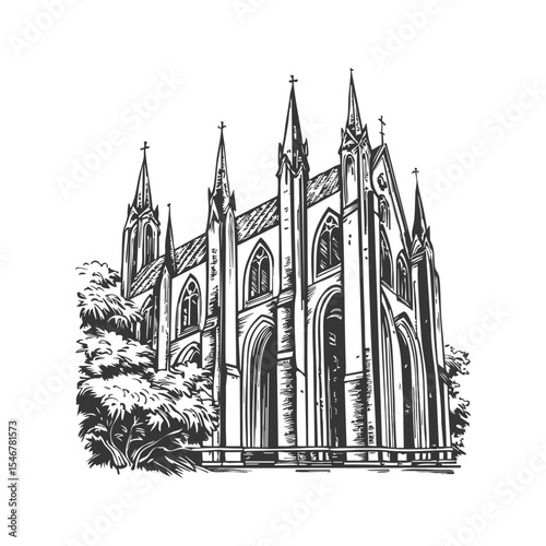Gothic Cathedral Architecture Black And White Silhouette Illustration. Historic Religious Building And Spiritual Heritage. Isolated Vector Illustration