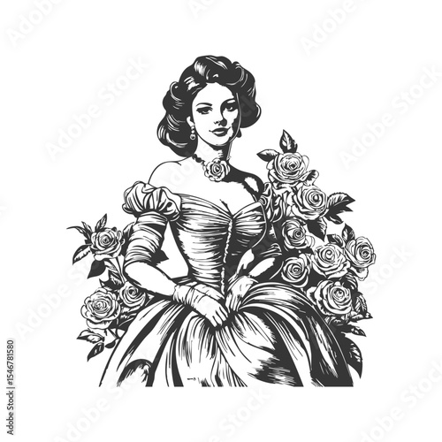 Victorian Lady With Roses Black And White Silhouette Illustration. Elegance And Beauty In Vintage Fashion. Isolated Vector Illustration