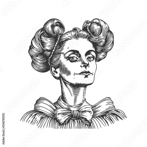 Victorian Woman With Elaborate Hairstyle Black And White Silhouette Illustration. Vintage Fashion And Elegance. Isolated Vector Illustration
