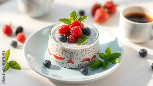 Fresh Chia Pudding with Mixed Berries and Mint Garnish